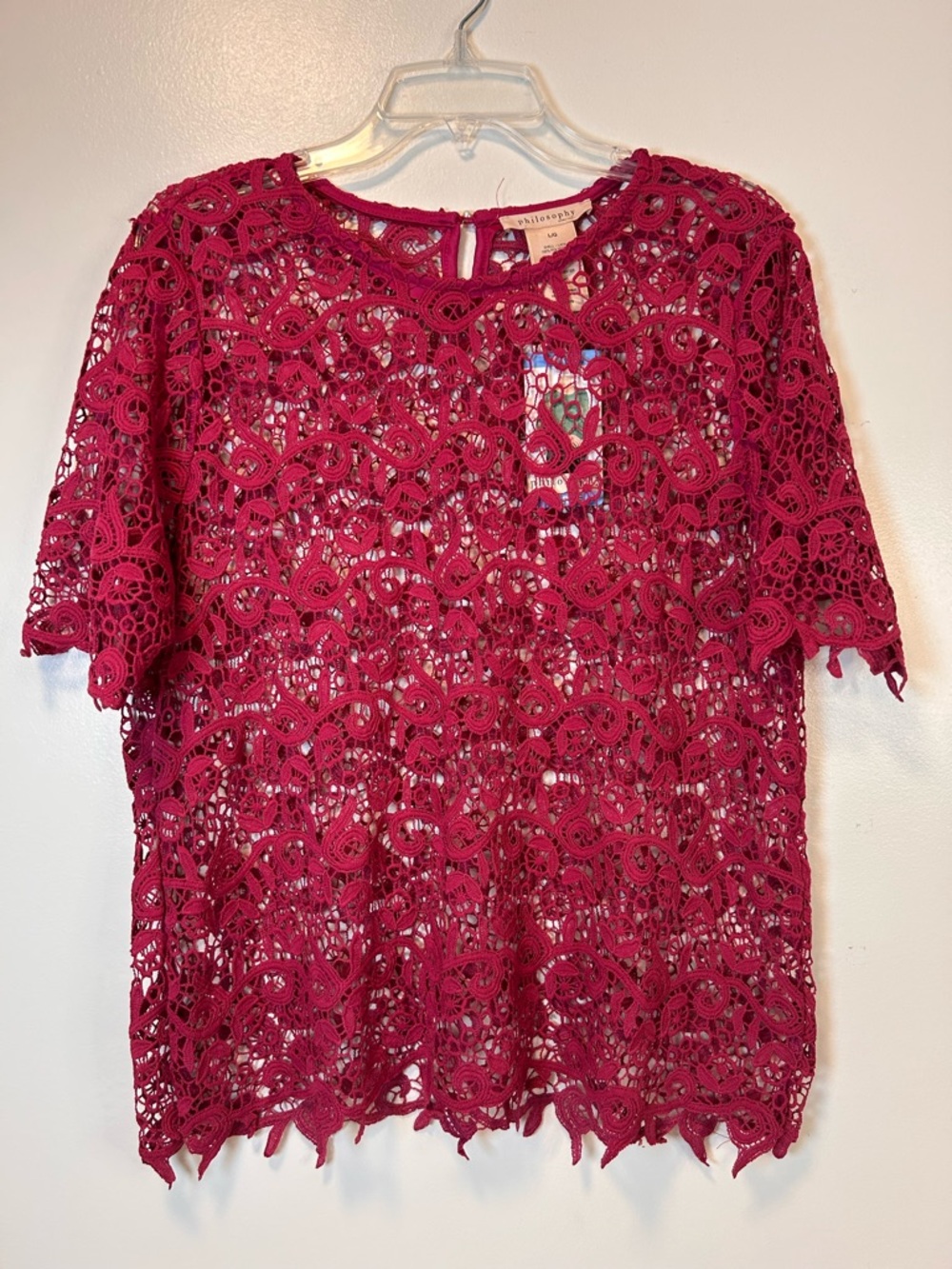 Philosophy Fuchsia Crochet Lace Short Sleeve Top for layering‎ Women’s Large